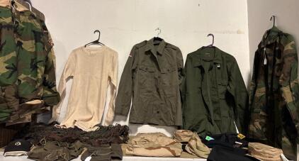 Military Surplus Lot: Size Large, Field Jackets, DCU Pants, Woodland Camo, Dutch OD, Ghillie Net, Bags