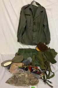 (1) Military Top, (2) Pairs Of Pants, Gloves, Hats, Canteen, Straps & More