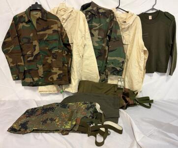Medium Military Clothing: (2) Camo Tops, (1) Sweater, (2) Ponchos, (3) Pairs Of Overalls, (1) Pair Wool Pants