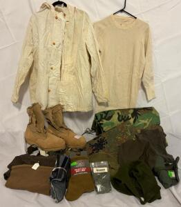 Military Clothing & Accessories &mdash; Large Tops & Rain Pants, Size 16 Combat Boots, Hats & More