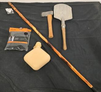 Bigfoot 55" Walking Stick, Swiss Steel Axe, Large Camp Shovel, XL Themal Pants, Canteen