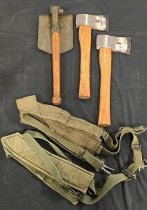 (2) Swiss Steel Axes, High Quality Camp Shovel, (2) Suspender Style Harnesses