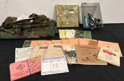 (2) Military Camo Poncho Blankets And Various Fabric, Various Military Books And Miscellaneous Items