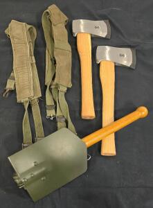 (2) Swiss Steel Axes, High Quality Camp Shovel, (2) Suspender Style Harnesses