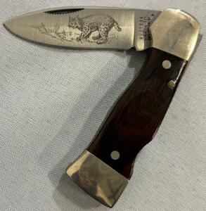 Western S-521 Lockback Folding Knife, Wood Handle, Bobcat Etched Blade