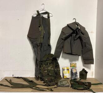 U.S. Military Field Gear Lot &ndash; Woodland Assault Pack, Rain Suit, Suspenders, Tactical Belts, Canteen