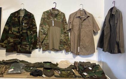 Mixed Military Surplus Uniforms and Gear Lot Size Small Woodland, Multicam, Field Webbing, Wool Undergarments