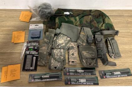 Military Surplus Survival Lot&mdash;USAF ABU Web Gear, Woodland Duffel, SE Tools, Gas Mask, Dog Tag Kits