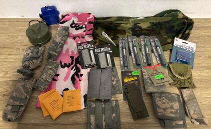 Military Tactical Survival Gear Lot: 9 Camo Pouches, US Duffel, Fire Starters, Tools, Medical Tags