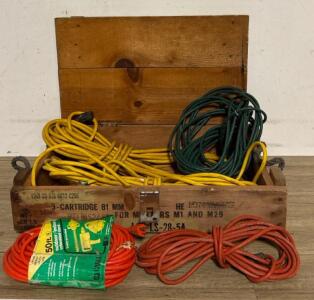 Various Outdoor Electrical Cords and Wooden Storage Container With Handles