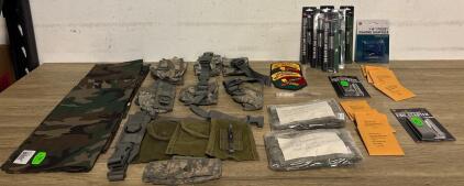 Military Tactical Gear & Survival Lot: Pouches, Bandoliers, Sona Tools, CA Forestry Patches, NSN