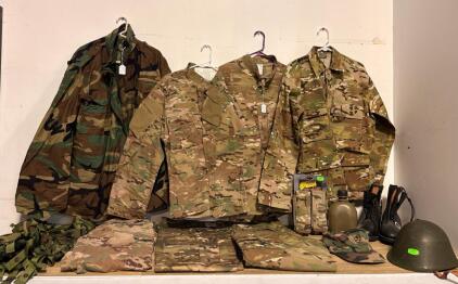 Military Surplus Gear Set Size M, Woodland & Multicam Camo, Boots 6&frac12;R, Helmet, Vest, Complete Kit