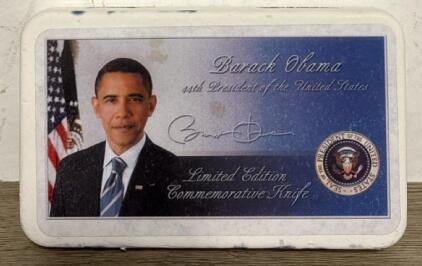 Barack Obama 44th President Limited Edition Commemorative Trapper Pocket Knife 1 of 2000, Box & Coin, 3&rdquo; Blade