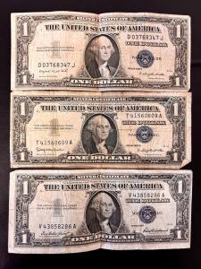 1935G, 1957B, and 1957 US $1 Silver Certificates &ndash; Blue Seal &ndash; Circulated Collectible Notes