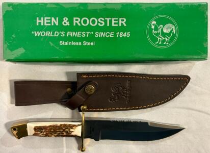 Hen & Rooster HR-0040 Hunting Knife - Stag Handle, Brass Guard, Leather Sheath, W/ Box | 6&rdquo; Blade, 1Ft Overall