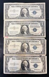 Four $1 Silver Certificates 1935F & 1957B &ndash; Blue Seal, Circulated, Consecutive Serials, US Note