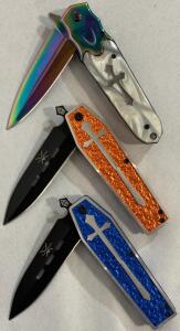 (3) Coffin Cross Flip Knives &ndash; Pearly Rainbow, Blue, & Orange