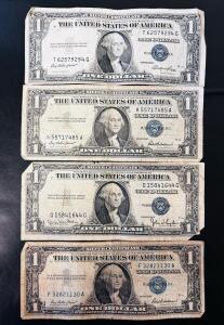 U.S. $1 Silver Certificate Lot &ndash; 1935E, 1935D, 1957B &ndash; Blue Seal &ndash; Washington Portrait &ndash; 4 Notes