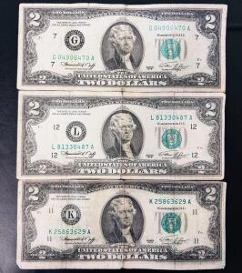 1976 $2 Federal Reserve Notes &ndash; Chicago, San Francisco, Dallas &ndash; G04906470A, L81330487A, K25863629A