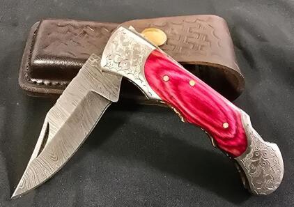 Custom Damascus Locking Pocket Knife, Etched Handle W/Leather Sheath