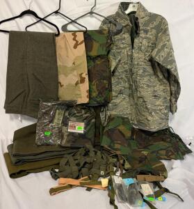 Military Clothing & Accessories &mdash; Size Small Coat, (4) Pairs Wool Pants, (4) Pairs Rain Pants, Ponchos & Small Straps / Accessories