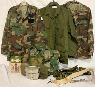 (5) US Military Tops (Small), & Canteens W/ Accessories, Straps & More