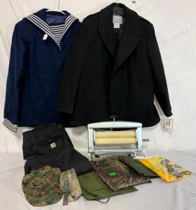 Military Clothing & Accessories &mdash; 2XL Coats, XL Carhartt Snow Pants, Poncho, Flag, Towel Wringer & More