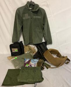 Military Clothing & Accessories &mdash; Size XS-S Jacket, Pants & Rain Pants, (2) Ponchos, Padded Belt, Flag & More