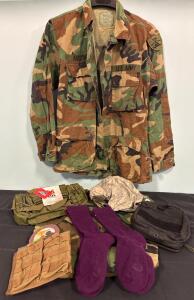 Military Woodland Camouflage Apparel Set with Tactical Gear, U.S. Army Insignia
