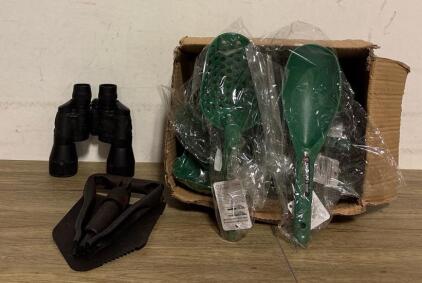 10x45 Binoculars w/ Compass, Folding E-Tool Shovel, 4x Prospector Scoops