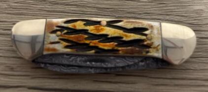 Damascus Trapper Folding Knife, Jigged Bone Handle, Dual Blades, Red Horse Emblem