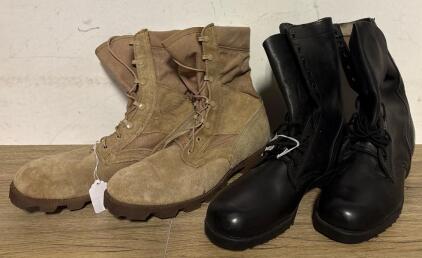 Two Pairs Military Combat Boots: Hot Weather Tan Suede Size 9.5 & Black Leather, 8-9" Height, Lace-Up Closure Size 9
