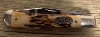 KA-BAR Knife Collectors Club 1992 Folding Pocket Knife, Gold Etch, Stag Handle, Clip Point Blade