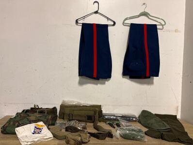 Military Surplus Lot: USMC Dress Blue & Woodland BDU Trousers, Belts, Gear, Accessories