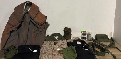 U.S. Military Surplus Clothing & Gear Lot: M65 Field Jacket, BDUs, Harness, Pouches, MARPAT