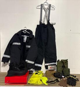 Emergency Tactical Gear Lot: Reflective Outerwear, Rothco Boots, Hydration, Gloves, Vest, Pouches
