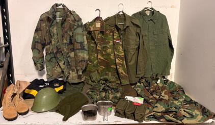 Large Military Surplus Gear Lot Size Medium: M65 Field Jackets, US Army Boots, Soviet Helmets, Dutch DPM