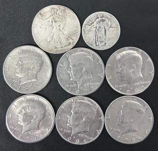 Vintage U.S. Coin Lot: Kennedy Halves, 1942 Walking Liberty, Peace & Standing Liberty Silver Coins