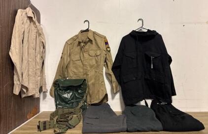 U.S. Army Uniform & Gear Lot Size Small &ndash; 2 Shirts w/Insignia, Jacket, Wool Pants, Belt, Pouches, Bag