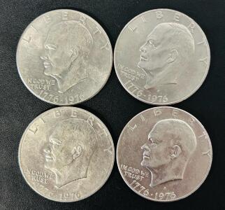 4 Eisenhower Bicentennial Dollar Coins 1776-1976, Circulated, Copper-Nickel Clad