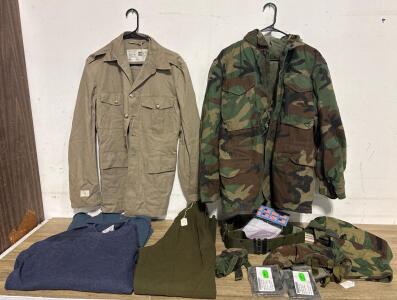 U.S. Military Woodland BDU Set Size small, Field Jacket, Khaki/Navy Shirts, Wool Sweater, Pants Waist 25&rdquo;, Gear Lot