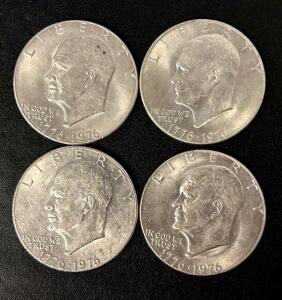4 Bicentennial 1776-1976 Eisenhower Dollar Coins, Copper-Nickel, Liberty Bell Reverse, $1 Each