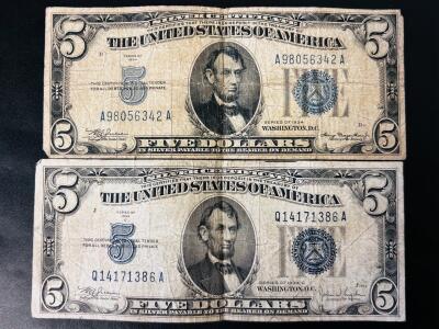 1934 $5 Silver Certificate Notes, Blue Seal, Abraham Lincoln, A98056342A, Q14171386A, Series D & C