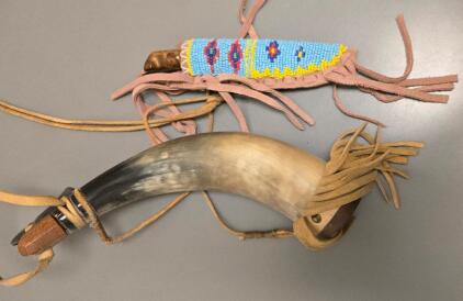 Powder Horn With Leather Wrapped Accents, Small Straight Blade Knife With Native Beaded Leather Sheath