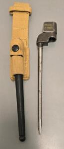 British WWII No.4 Mk II Spike Bayonet w/ Scabbard & 1943 Web Frog, Made in England, Cruciform Blade