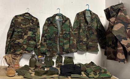 Large US Military Woodland Camo Surplus Lot Size Medium &ndash; 4 Jackets, 4 Pants, Boots 9R, Gear, Accessories