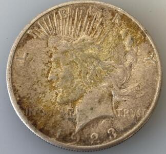 1923 Peace Silver Dollar, Circulated, US Mint, 90% Silver, 38.1mm, No Mint Mark Visible, Heavily Worn