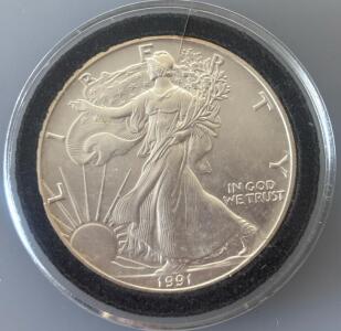 1991 American Silver Eagle $1 Coin 1 oz .999 Fine Silver in Capsule Walking Liberty Design
