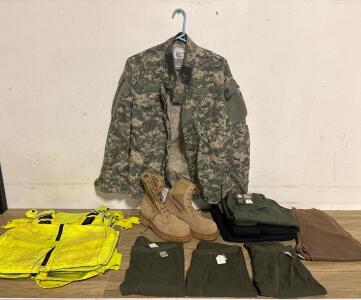 ACU Camouflage Jacket, Tan Combat Boots, Thermal Base Layers, Cargo Pants & Safety Vests Lot All Size Small