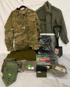 Military Clothing & Accessories &mdash; Size Large Tops, Bottoms, Shoulder Duffel Bag, Outdoor Tools & More